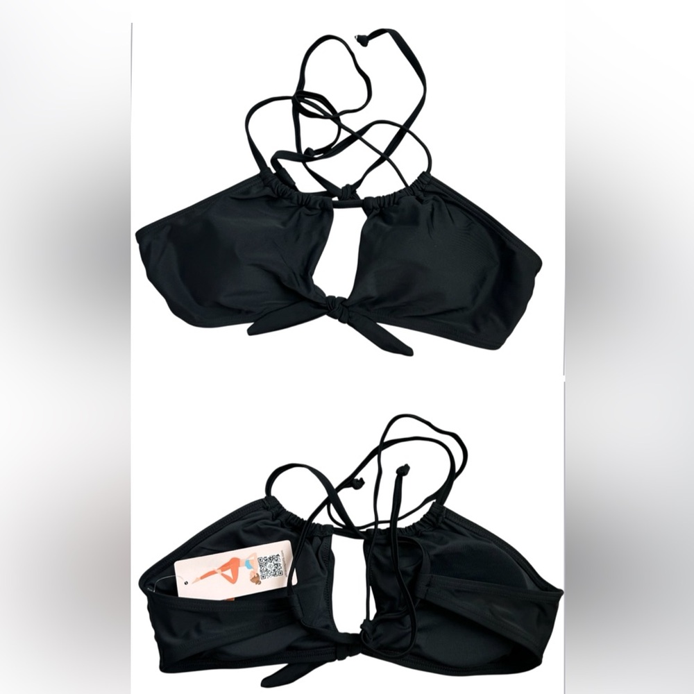 ATTRACO SPORT Women’s Halter Bikini Top Black Front‎ Tie Strings UPF 50+ M NWT!